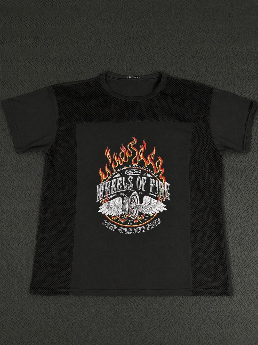Fashion Nova Black Mesh Short Sleeve Tee with Flame Graphic